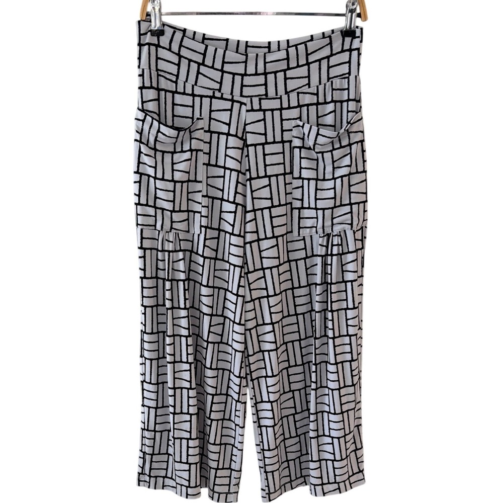 Clara Sunwoo Womens Small Black White Geometric Grid Wide Leg Palazzo Pants Crop